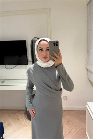 Premium Pelerin Triko Elbise-Gri