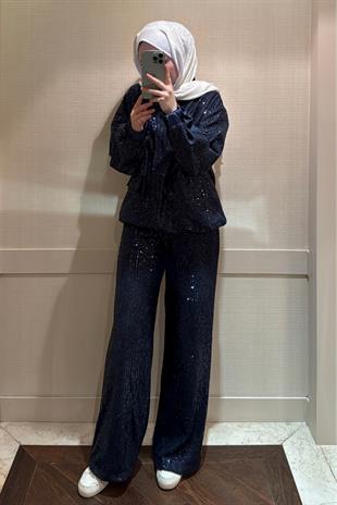 Pul Payetli Palazzo Kesim Bloom Pantolon Lacivert