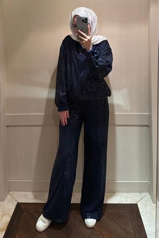 Pul Payetli Palazzo Kesim Bloom Pantolon Lacivert