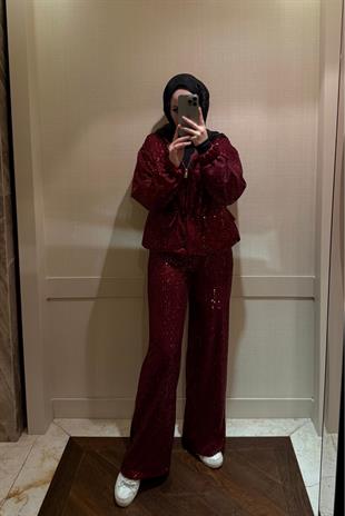 Pul Payetli Palazzo Kesim Bloom Pantolon Bordo