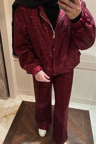 Pul Payetli Palazzo Kesim Bloom Pantolon Bordo
