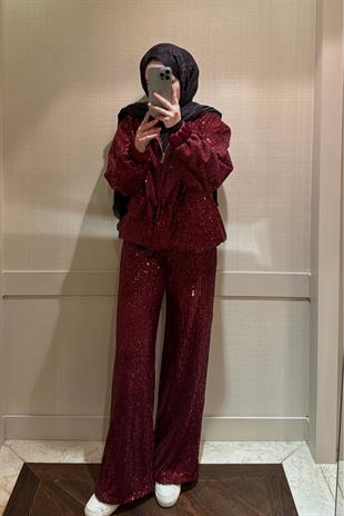 Pul Payetli Palazzo Kesim Bloom Pantolon Bordo