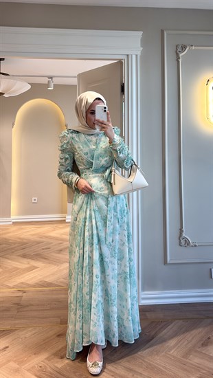 Rewa Kolu Fırfırlı Çiçekli Şifon Elbise - Mint Yeşili