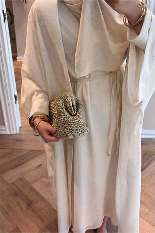 Royal Taşlı Abaya Takım - Ekru
