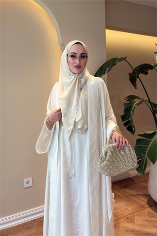 Royal Taşlı Abaya Takım - Ekru