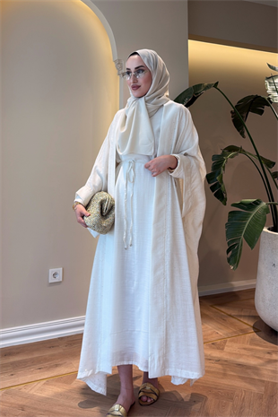 Royal Taşlı Abaya Takım - Ekru