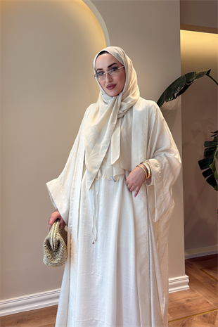 Royal Taşlı Abaya Takım - Ekru