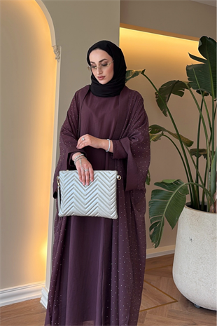 Royal Taşlı Abaya Takım - Mürdüm