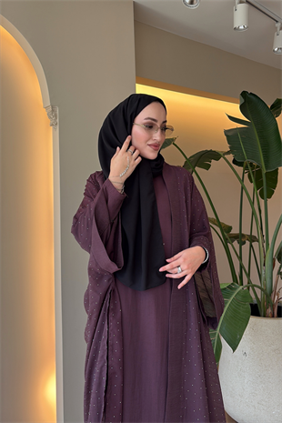 Royal Taşlı Abaya Takım - Mürdüm