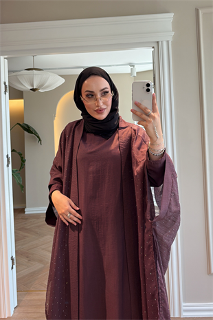 Royal Taşlı Abaya Takım - Mürdüm