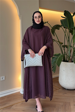 Royal Taşlı Abaya Takım - Mürdüm
