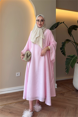 Royal Taşlı Abaya Takım - Pembe