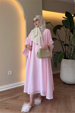 Royal Taşlı Abaya Takım - Pembe