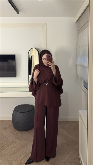 Semila Pelerin Detaylı Pantolon Takım - Bordo 