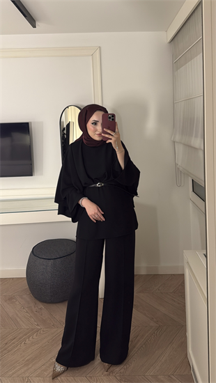 Semila Pelerin Detaylı Pantolon Takım - Siyah 