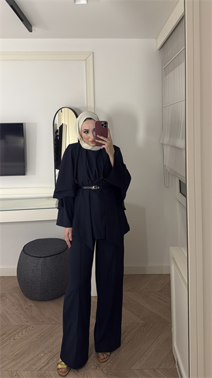 Semila Pelerin Detaylı Pantolon Takım - Lacivert  