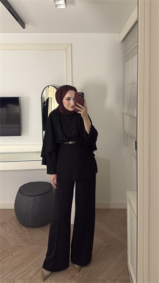Semila Pelerin Detaylı Pantolon Takım - Siyah 