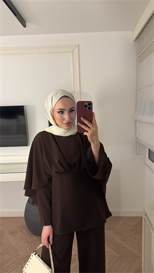 Semila Pelerin Detaylı Pantolon Takım - Kahve 