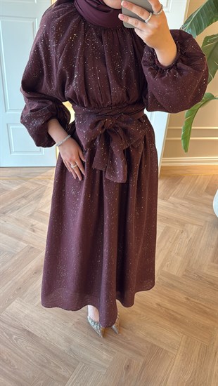 Simli Tül Tencel Elbise Bordo