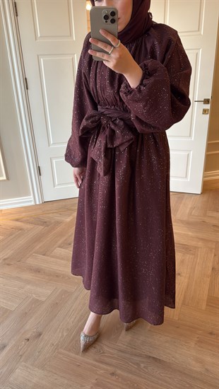 Simli Tül Tencel Elbise Bordo