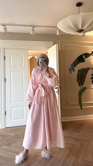 Simli Tül Tencel Elbise Pembe 