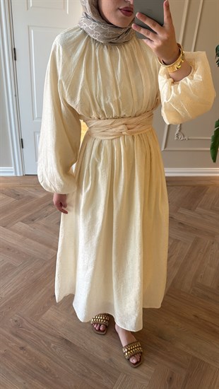 Simli Tül Tencel Elbise Sarı