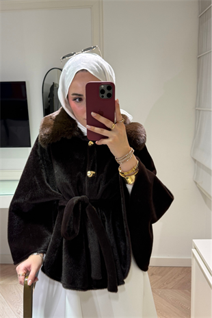 Suzana Yakası Kürklü Panço-Acı kahve