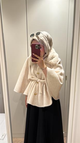 Suzana Yakası Kürklü Panço-Krem
