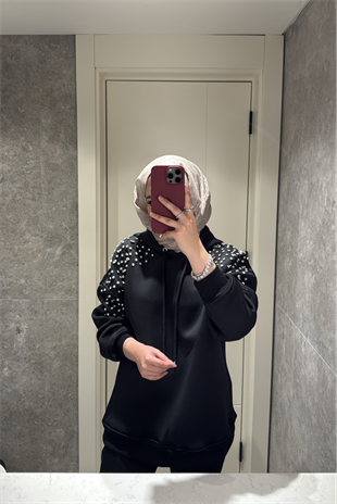 Taş Detaylı Kapişonlu Mabel Scuba Sweat Siyah