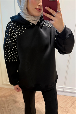 Taş Detaylı Kapişonlu Mabel Scuba Sweat Siyah