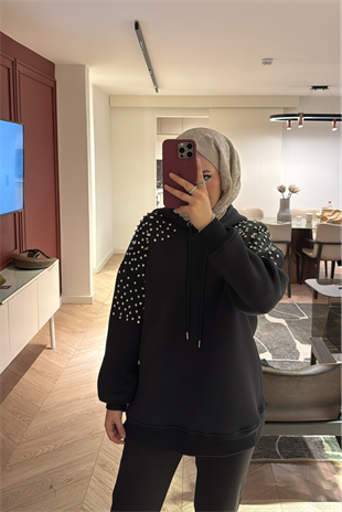 Taş Detaylı Kapişonlu Mabel Scuba Sweat Siyah