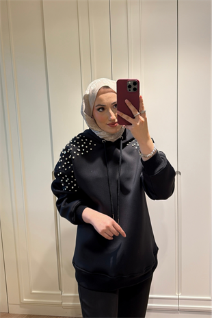 Taş Detaylı Kapişonlu Mabel Scuba Sweat Siyah
