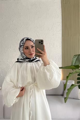 Tesettür Balon Kol Premium Elbise -Beyaz