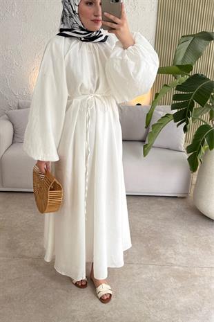 Tesettür Balon Kol Premium Elbise -Beyaz