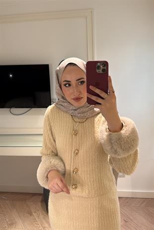 Triko Detay Kürklü Takım - Bej