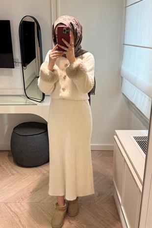 Triko Detay Kürklü Takım - Ekru