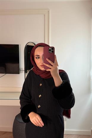 Triko Detay Kürklü Takım - Siyah