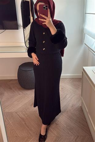 Triko Detay Kürklü Takım - Siyah