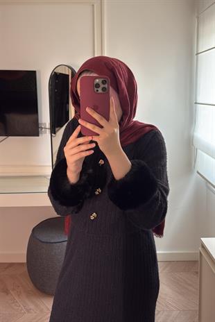 Triko Detay Kürklü Takım - Siyah