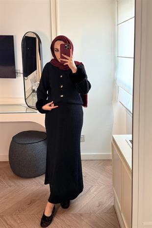 Triko Detay Kürklü Takım - Siyah