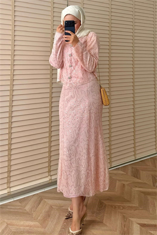Umay İthal Dantelli Etekli Takım - Pembe