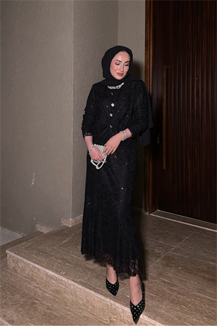 Umay İthal Dantelli Etekli Takım - Siyah 