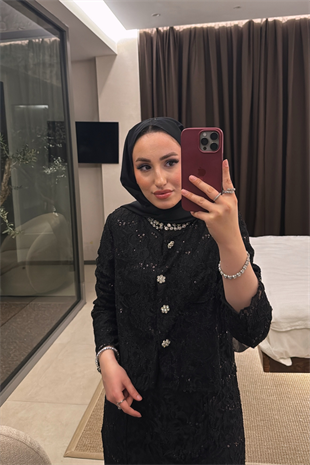 Umay İthal Dantelli Etekli Takım - Siyah 
