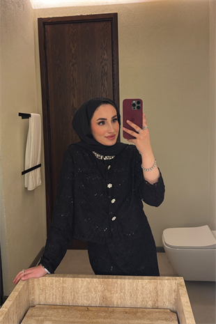 Umay İthal Dantelli Etekli Takım - Siyah 