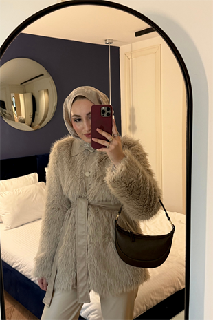 Vessa Deri Yakalı İthal Kürk -Bej