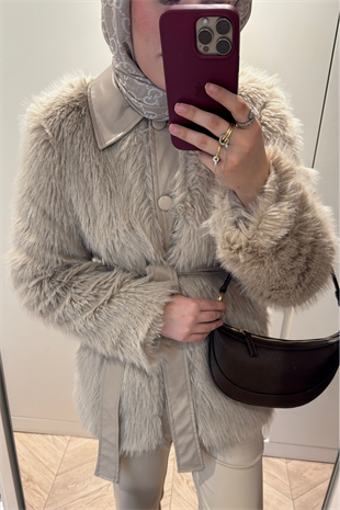 Vessa Deri Yakalı İthal Kürk -Bej