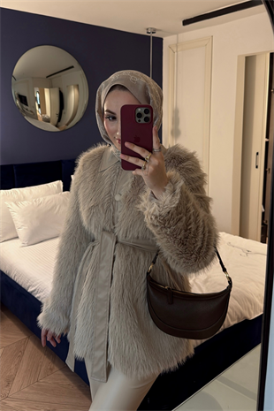 Vessa Deri Yakalı İthal Kürk -Bej