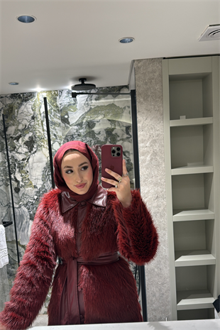 Vessa Deri Yakalı İthal Kürk -Bordo