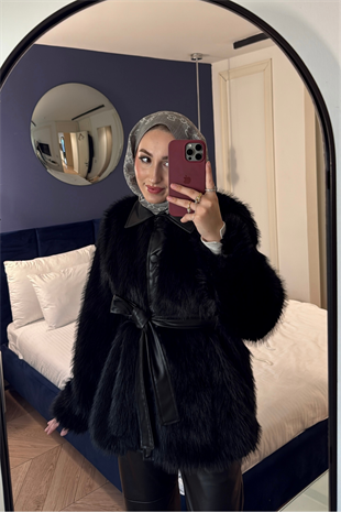 Vessa Deri Yakalı İthal Kürk -Siyah