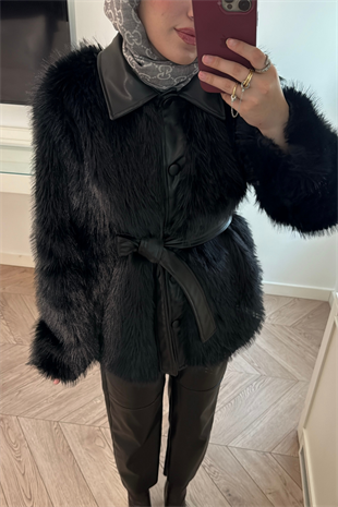 Vessa Deri Yakalı İthal Kürk -Siyah